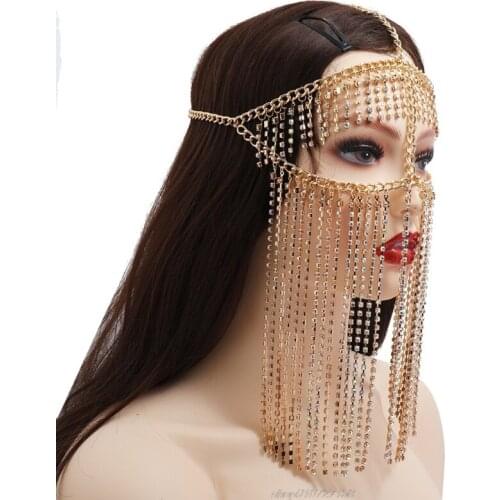 Women Crystal Beading Masquerade Mask Veil Metal Tassel Face Chain Belly Dance Stage Cosplay Party Headband JY09 21 Dropship