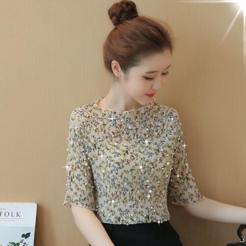 Fashion Beading Floral Chiffon Shirt Women Summer 2019 Short Sleeve Pullover Slim Shirt Blouses