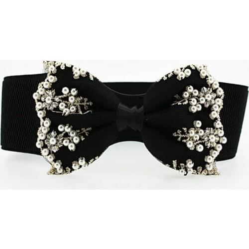 Black white big bow lace chiffon bow knot pearl lace elastic waist belt loose tight belt ladies fashion