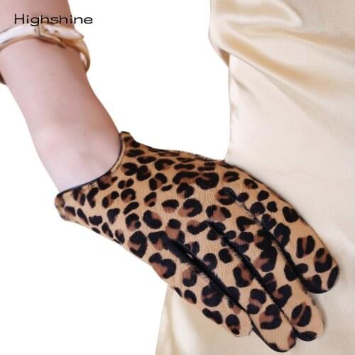 Women Fashion Leopard Genuine Leather Gloves Leather Short Leather Bright Leather Golden Brown Animal Pattern