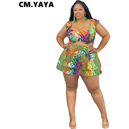 CM.YAYA Women Plus Size Tracksuit Print Sleeveless Strap Crop Tanks Tops Mini A-line Skirts Two 2 Piece Sets Sexy Outfit Summer