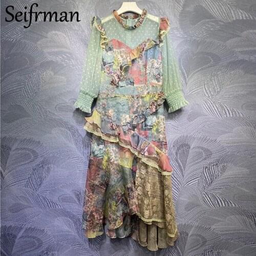 Seifrmann New 2021 Summer Fashion Runway Party Long Dress Lantern Sleeve Ruffles Lace Print Ladies Asymmetrical Dresses Vestidos