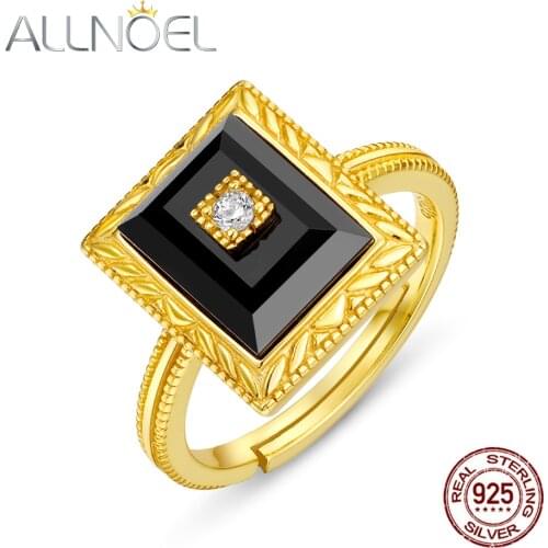 ALLNOEL 925 Sterling Silver Ring For Women Natural Square Black Agate 5A White Zircon Ring Gold-Plated Vintage Fine Jewelry New