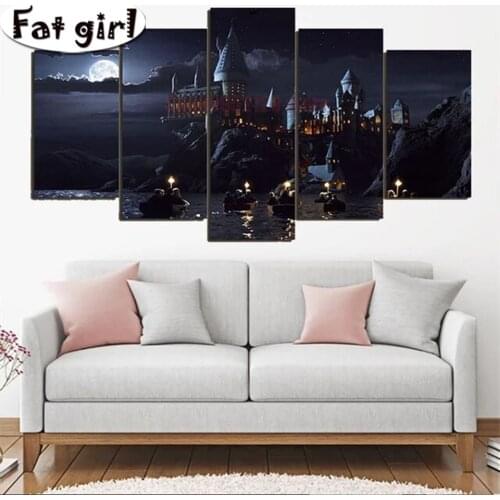 5 Panel Handmade Wall Art Magic Castle In The Moonlight Diamond Painting 5D Cross Stitch Square Round Drill Embroidery Mosaic