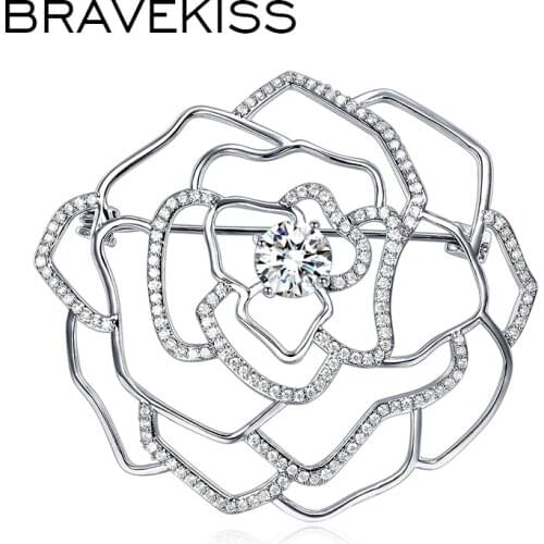 BRAVEKISS Luxury White Gold Hollow Flower Brooches Cubic Zirconia Pins for Women Suit Wedding Jewelry Accessories Gifts BUX0017B