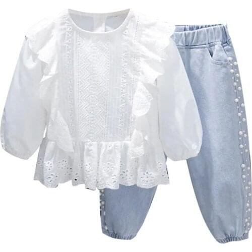 Childrens overalls suit 2021 new autumn new cotton soft denim baby girl high waist trousers with Hollow out white shirt