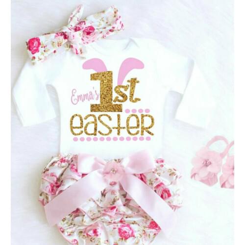 US Sweet Toddler Baby Girls Kid My First Easter Short Sleeve Romper Flower Pants