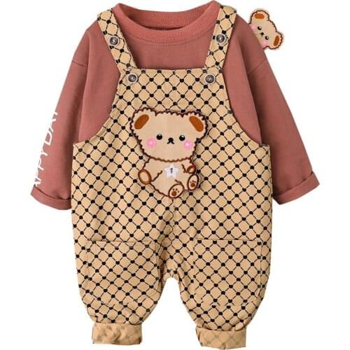 Kids Baby Boy Girl Set Spring Autumn 2021 New Cute Cartoon Bear Cotton Pullover Top+Overalls Long Pants Suit Children Clothing