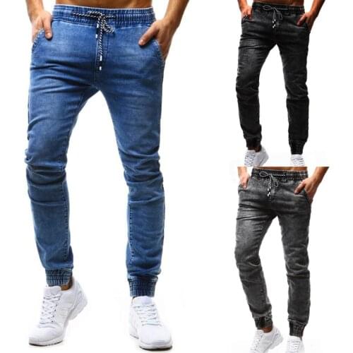 Jeans Men New Classic Simple String-and-elasticated Plain Casual Patchwork Jeans Streetwear Men