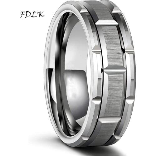 FDLK Mens 8mm Stainless Steel Ring Silver Color Brick Pattern Grooved Brushed Wedding Band Comfort Fit Size 6-13