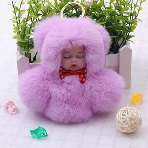 Fashion Faux Rex Rabbit Fur Pompom Sleeping Baby Toy Key Chain Ring Woman Bag Charms Pom Pom Doll Keychain Party Gift Trinket