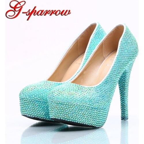 Sky Blue Color Wedding Dress Shoes Blue AB Color Rhinestone Women Spring Party Prom Shoes Platform High Heels Bride Shoes