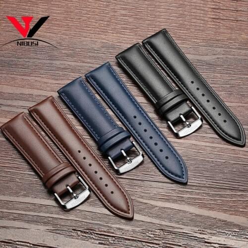 NIBOSI High Quality Watch Band Genuine Leather Strap For Men And Women Watch Blue Black And Brown Colors width 20mm 22mm