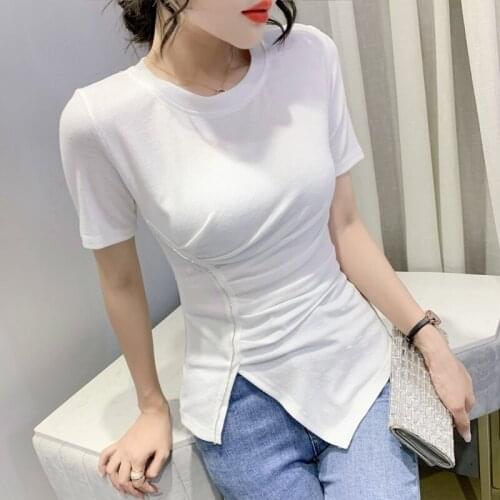 Solid Basic short Sleeve Womens Tshirt Casual Folds Diamond Fashion Crop Top T Shirt Ladies Fashion Korean Tee Shirt