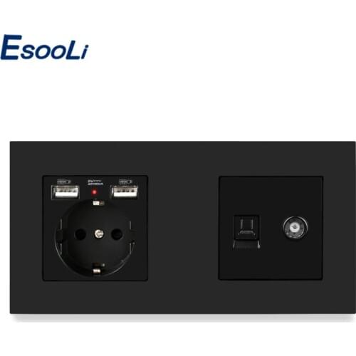 Esooli Plastic Panel EU Standard Electric Socket with 2 USB + Female TV Connector With CAT5E RJ45 Internet Computer Data