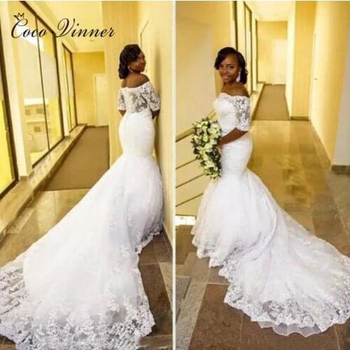 Off Shoulder Long Train Africa mermaid wedding dress Lace Up Plus Size bride dress pure white Lace wedding gown W0396