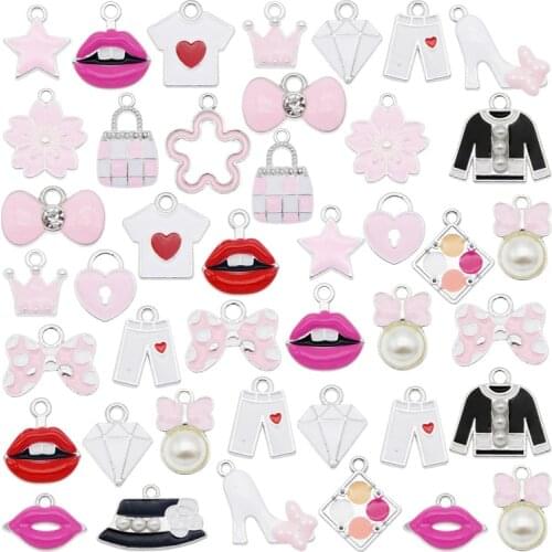 Julie Wang 6/15PCS Enamel Charms Mixed Clothes Lip Bowkont Heart Star Silver Color Tone Pendants Alloy Jewelry Making Accessory