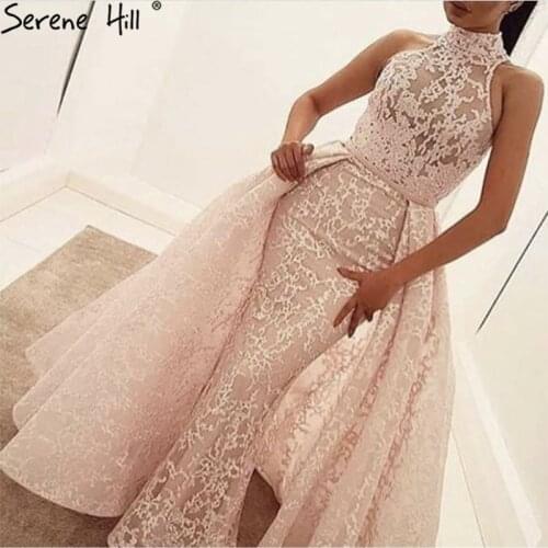 Pink Lace Dubai Designer Sexy Evening Dresses 2020 Embroidery Mermaid Evening Gown Real Photo LA6282