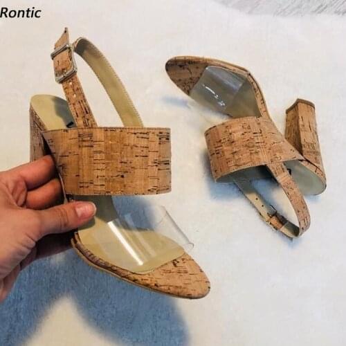 Rontic Handmade Women Summer Gladiator Sandals Chunky Heels Cork Pattern Round Toe Cool Brown Casual Shoes US Size 5-20