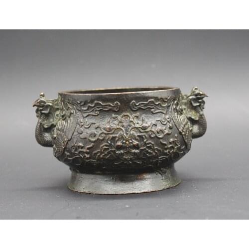 Old censer Shuangfeng incense burner, Handicraft ornaments enshrined in the Buddha Hall