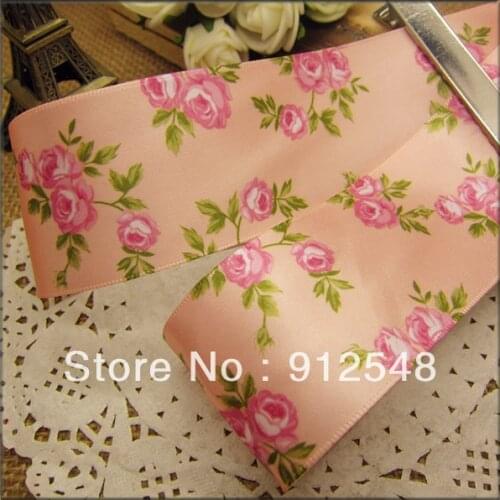 1-1/2"(38mm) Heat-Transfer Printed Rose Flower Satin Ribbon ,mgh002