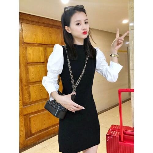 Popular Black White Patchwork Casual Mini Dresses Travel Vintage Puff Sleeve Panel Knit Dress
