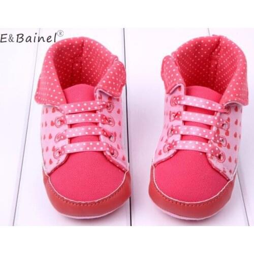 Spring Autumn Heart Printe Anti-Slip Baby Shoes Soft Sole First Walkers Canvas High Boot Baby Sneaker Lace-Up Baby Girls Shoes