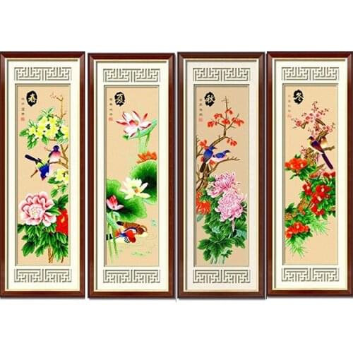 Four Season Plants Mandarin duck Lotus Flowers Love Birds with Peony Flowers Stamped Cross Stitch Kit Embroidery needlework set