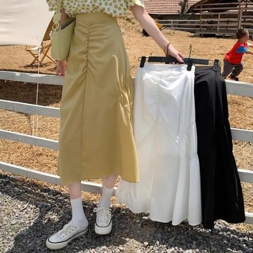 Vintage A-line Pleated Long Skirts Summer Women HighWaist Korean Chic Long Skirt Streetwear Elastic Waist Midi Skirt for Student