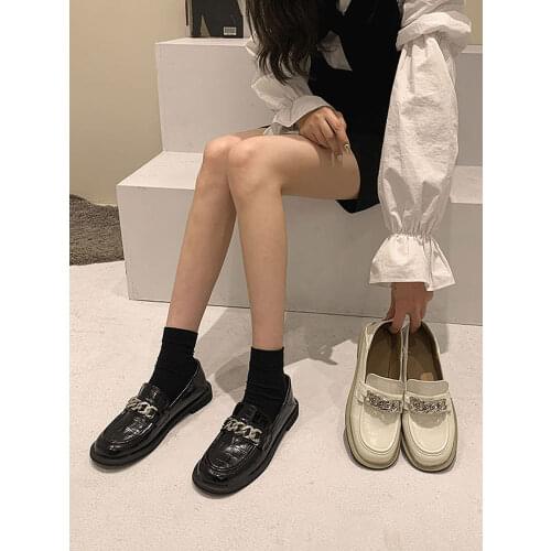 Womens Shoes Leather Shoes 2021 New Style Spring and Autumn Metal Chain Non-slip Fashion Retro Two-wear Low-heeled Pumps
