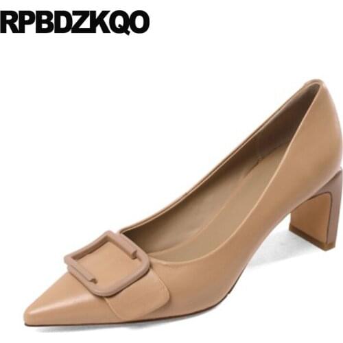 Female 3 Inch Genuine Leather Black 2021 Block Elegant Women High Heels Pumps Office Nude Shoes Size 33 Beige Pointed Toe Ladies
