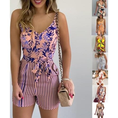 Women Summer Print Jumpsuit With Belt Sleeveless Beach Rompers Bodycon Slim Strap Bodysuit Wide Leg Overalls Playsuit Clothing