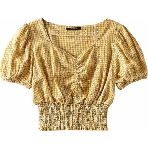 2020 summer fashion womens retro palace style pullover square collar high waist elastic slim fit womens plaid shirt DLSY1924