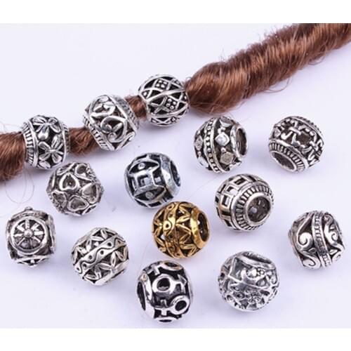 10PCS Retro Alloy viking Hollow Round Hair Braid Dread Beard dreadlock beads rings tube for hair Accessories hole size 4.5mm
