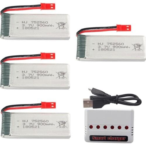 4PCS 3.7V 900mAh 752560 Lipolymer High Rate Rechargeable Battery +Charger For Drone Quadcopter Helicopter 8807/8807W JST Plug