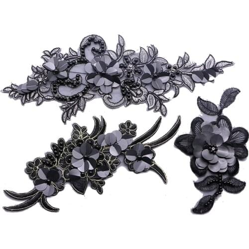 Hand Nailed Bead Black Lace Fabric 3D Flower Sequin Bead Diamond Embroidery Wedding Dress applique sewing patch Dress Decoration