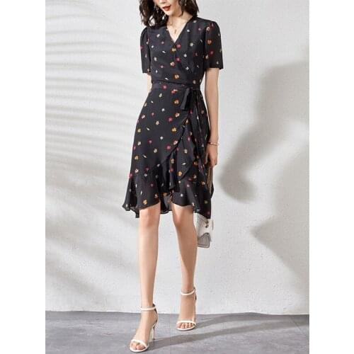 Black Print Red Little Floral Silk Dresses Women Fashion 2021 Summer Long Casual Sexy Office Work Daily Dress Plus Size Slim Fit