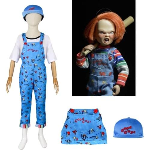 Childs Play Chucky Good Guys Cosplay Costumes for Kids Printed Blue Color Bib With Hat Halloween Cosplay Clothes