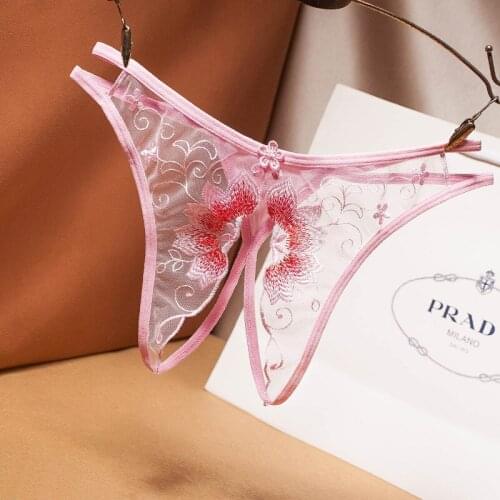 Women Embroidery Crotchless Lace Panties Sexy Mesh Lingerie Transparent Erotic Pink Thong Open Crotch Ladies Briefs Underpants