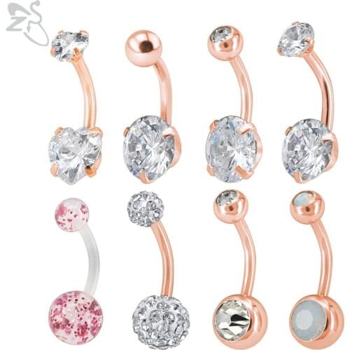 ZS 8pcs/lot Navel Belly Button Ring Heart Crystal Gem Rose Gold Piercings Omblig Navel Piercing Stainless Steel Piercing Nombril