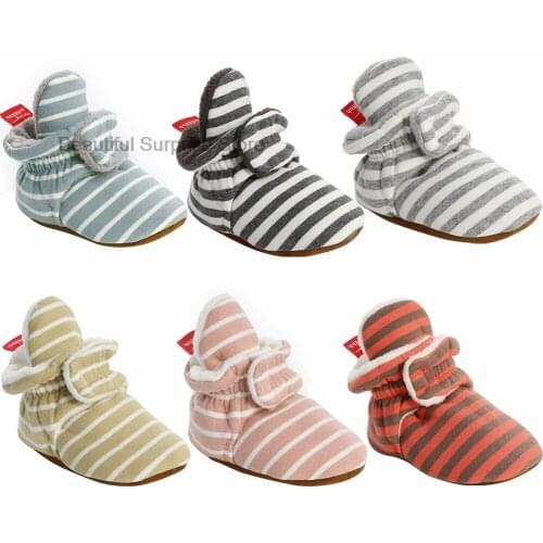 Newborn Baby Socks Shoes Boy Girl Stripe Toddler First Walkers Booties Cotton Comfort Soft Anti-slip Warm Infant Crib Shoes