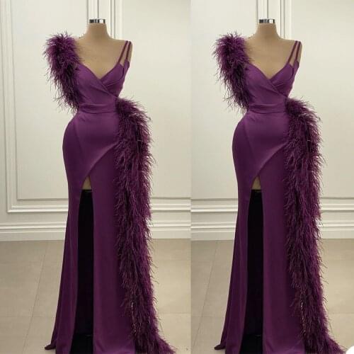 Feather Mermaid Evening Dress V Neck Side Split Prom Gowns Sexy Blackless Red Carpet Party Dresses