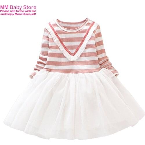 Spring Autumn Girls' Baby Dresses 2021 New Little Girls' Childrens Clothing Striped Long Sleeve Stitching Mesh 1-9Years Dress