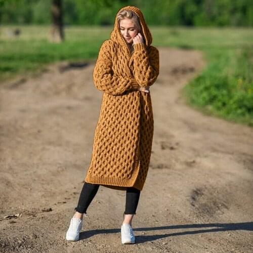 Thick Warm Knit Cardigan Women Solid Color Long Knitwear Fall Winter Midi Hooded Cardigans Female Casual Long Sweater Coats