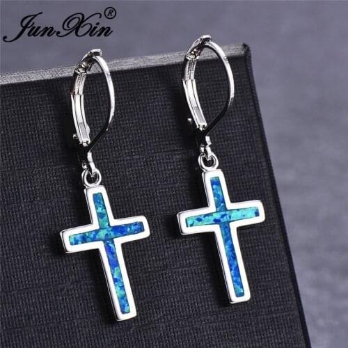 JUNXIN Blue White Fire Opal Earrings For Women Silver Color Rainbow Cross Drop Earrings Female Birthstone Earrings