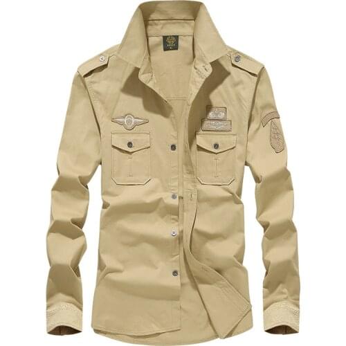 Man Solid Shirt With Embroidery 6XL Spring Autumn Cotton Military Pilot Air Force Shirt Men Long Sleeve Breathable Casual Shirt