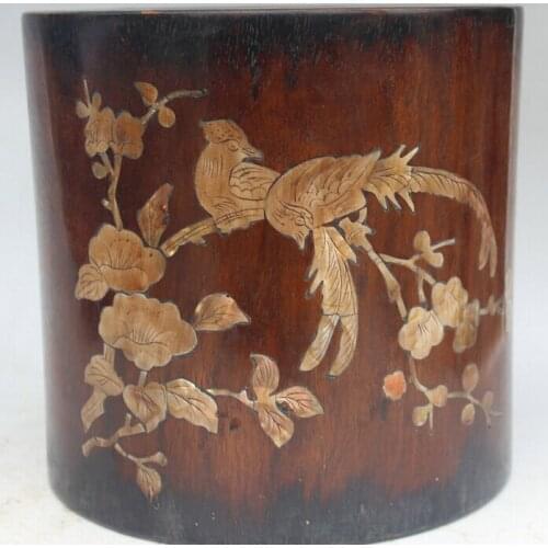 USPS to USA S2430 8" Old Chinese Rosewood inlay conch shell phoenix blossom Brush Pot pencil vase