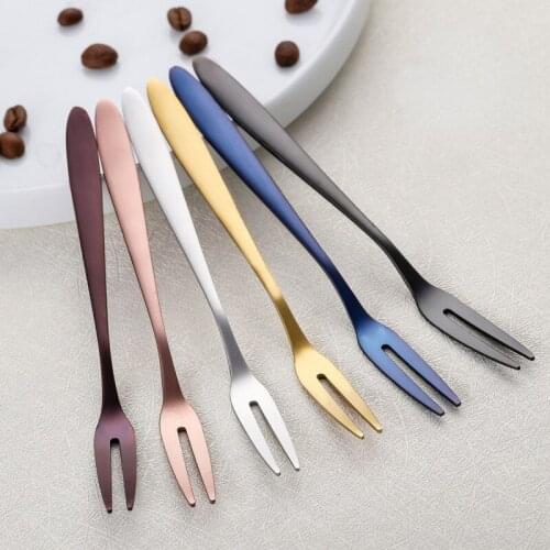 6 pieces of color plated 304 stainless steel fruit fork dessert fork thickened two teeth fruit gift spoon and fork set