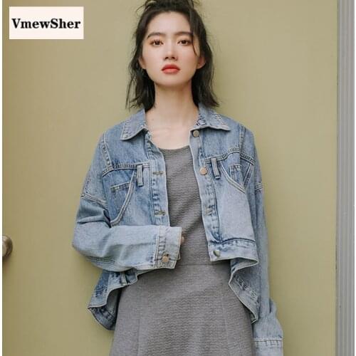 VmewSher New Denim Jackets Women Irregular Short Jean Jacket Coat 2020 Chic Female Cool Streetwear Long Sleeve Pockets Outwear