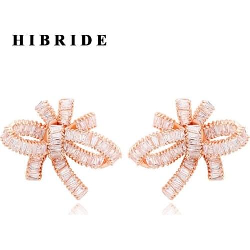 HIBRIDE New Arrival Big Bow Austrian Crystal Stud Earrings European Style Women Earring Jewelry brincos boucle d'oreille E-366